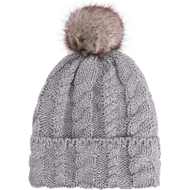 Sherpa Lined Knit Beanie with Faux Fur Pompom - Grey - CN192QTHNSZ