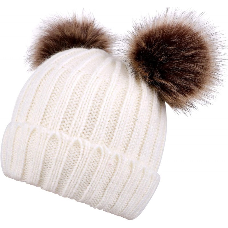 Women's Faux Fur Pompom Mickey Ears Cable Knit Winter Beanie Hat ...