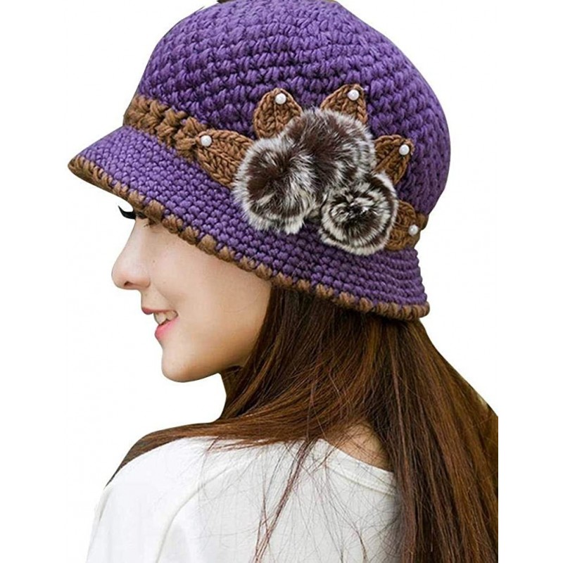 Womens Hat Winter- Beret Cap- Elegant Womens Flower Knit Crochet Beanie ...