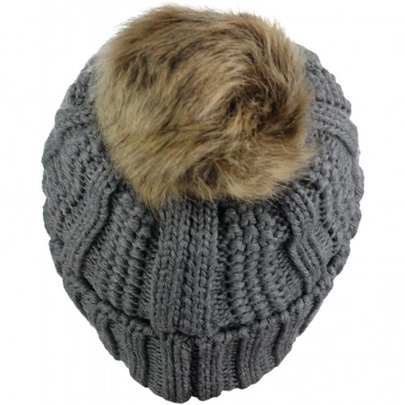 Thick Cable Knit Faux Fuzzy Fur Pom Fleece Lined Skull Cap Cuff Beanie ...