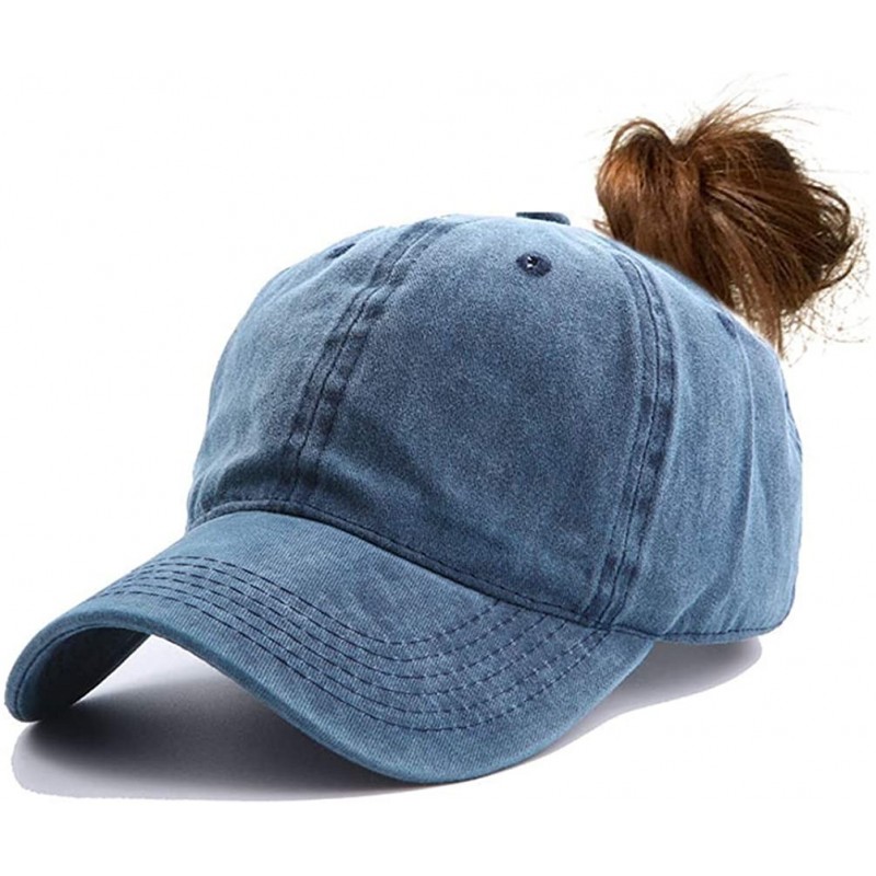 Baseball Caps Women's Retro Washed Cotton Twill Baseball Cap Ponytail Messy High Buns Ponycaps Adjustable Dad Hat - Blue - CL...