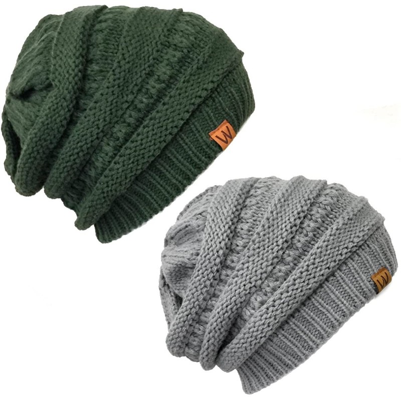Skullies & Beanies Winter Thick Knit Slouchy Beanie (Set of 2) - Hunter Green and Light Grey - C912KOGV72L $27.78