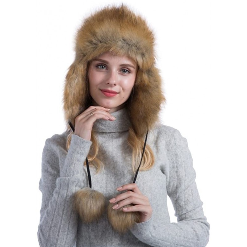 Bomber Hats Women's Pom Pom Faux Fur Ushanka Russian Style Winter Trapper Hat - Brown - CL188KQ7IYX $51.16