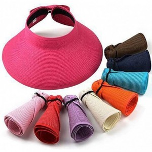 Visors Women's Summer Foldable Straw Sun Visor w/Cute Bowtie UPF 50+ Packable Wide Brim Roll-Up Visor Beach Hat - Navy - CZ18...
