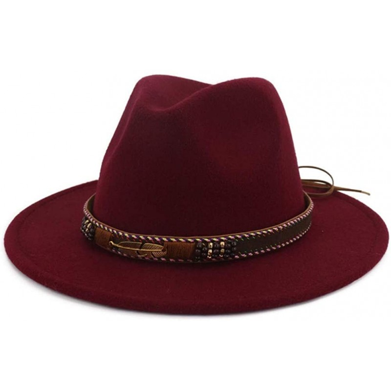Men Women Ethnic Felt Fedora Hat Wide Brim Panama Hats with Band - D ...